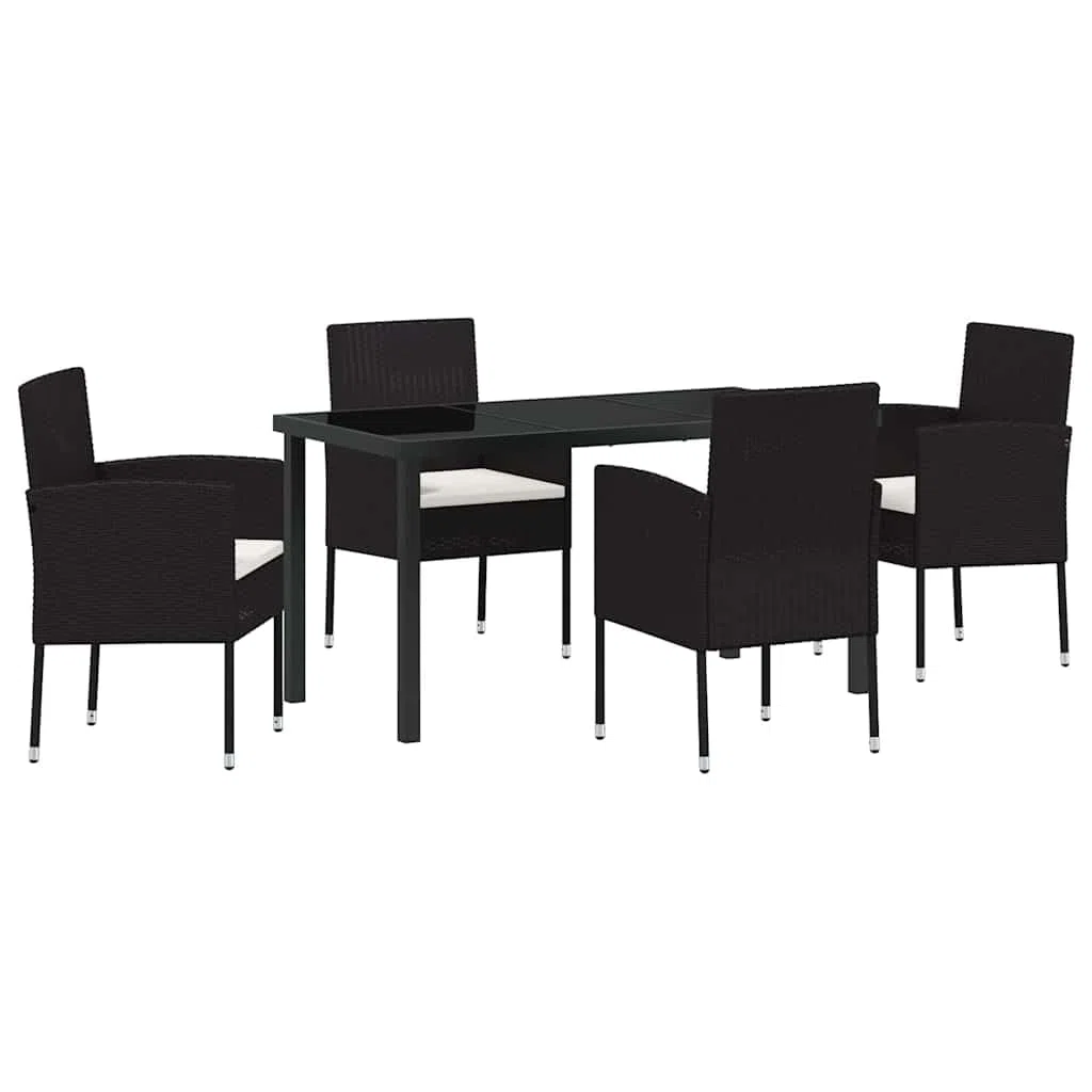 5-teiliges Poly-Rattan Garten Essgruppe Set mit Sicherheitsglas Tisch und Stühlen mit Kissen, schwarz, modernes Design für Terrasse und Garten, Stabiler Gartentisch