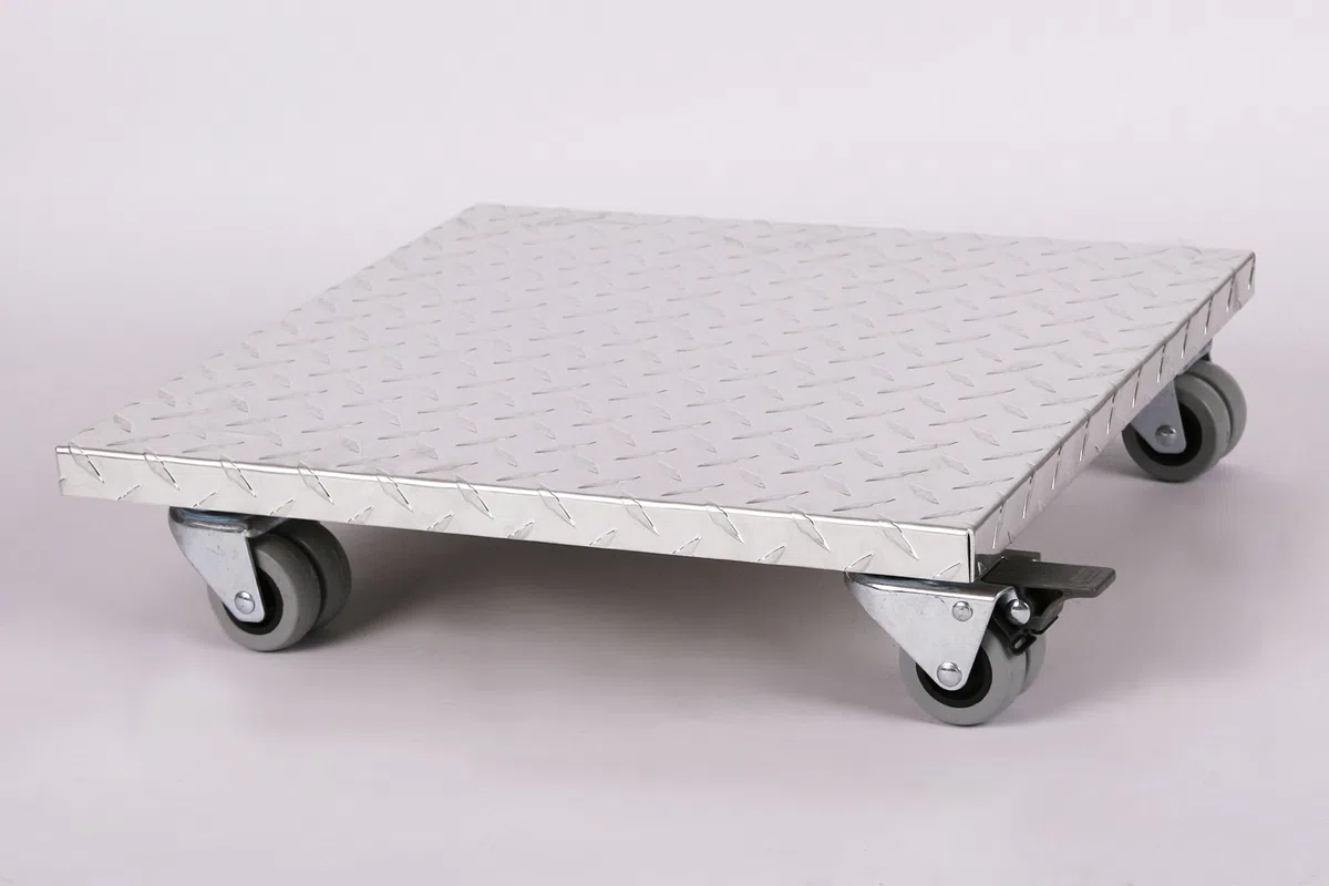 Möbelroller/Pflanzenroller (Profi) 50x50 cm, ALU, 300kg, Doppelrollen + Bremse, Marke: Szagato, Made in Germany (Design-Pflanzenroller Transportroller Rollbrett)
