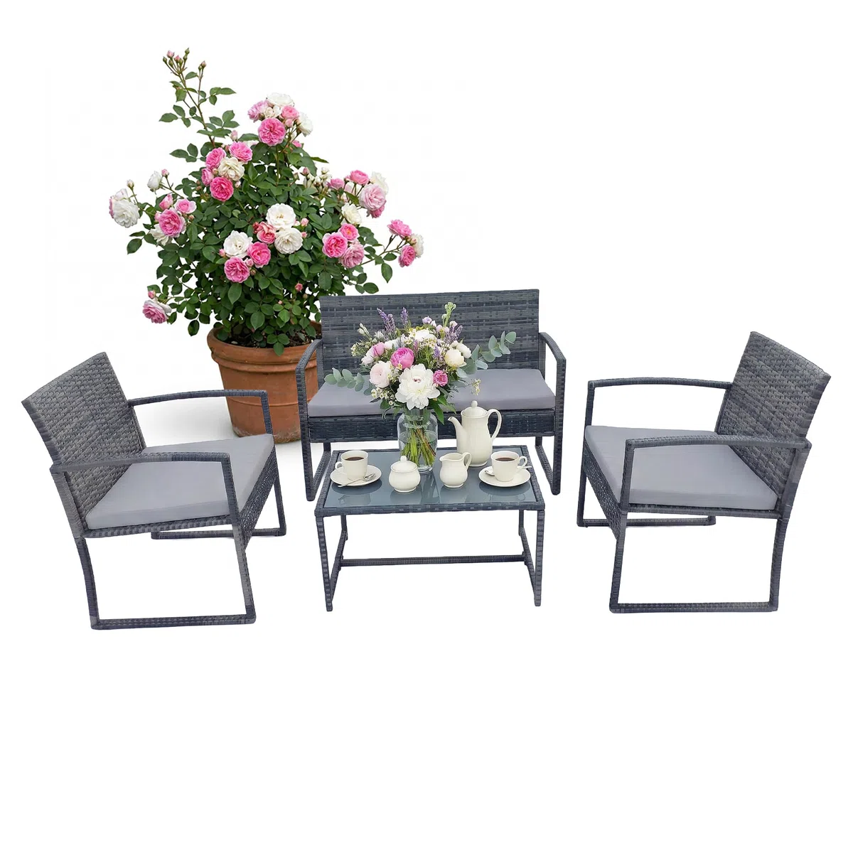 Relaxdays Gartenmöbel Set, 4-TLG. Rattan Sitzgruppe, 4 Personen, Bank, Stühle & Glastisch, Loungemöbel, Outdoor, grau