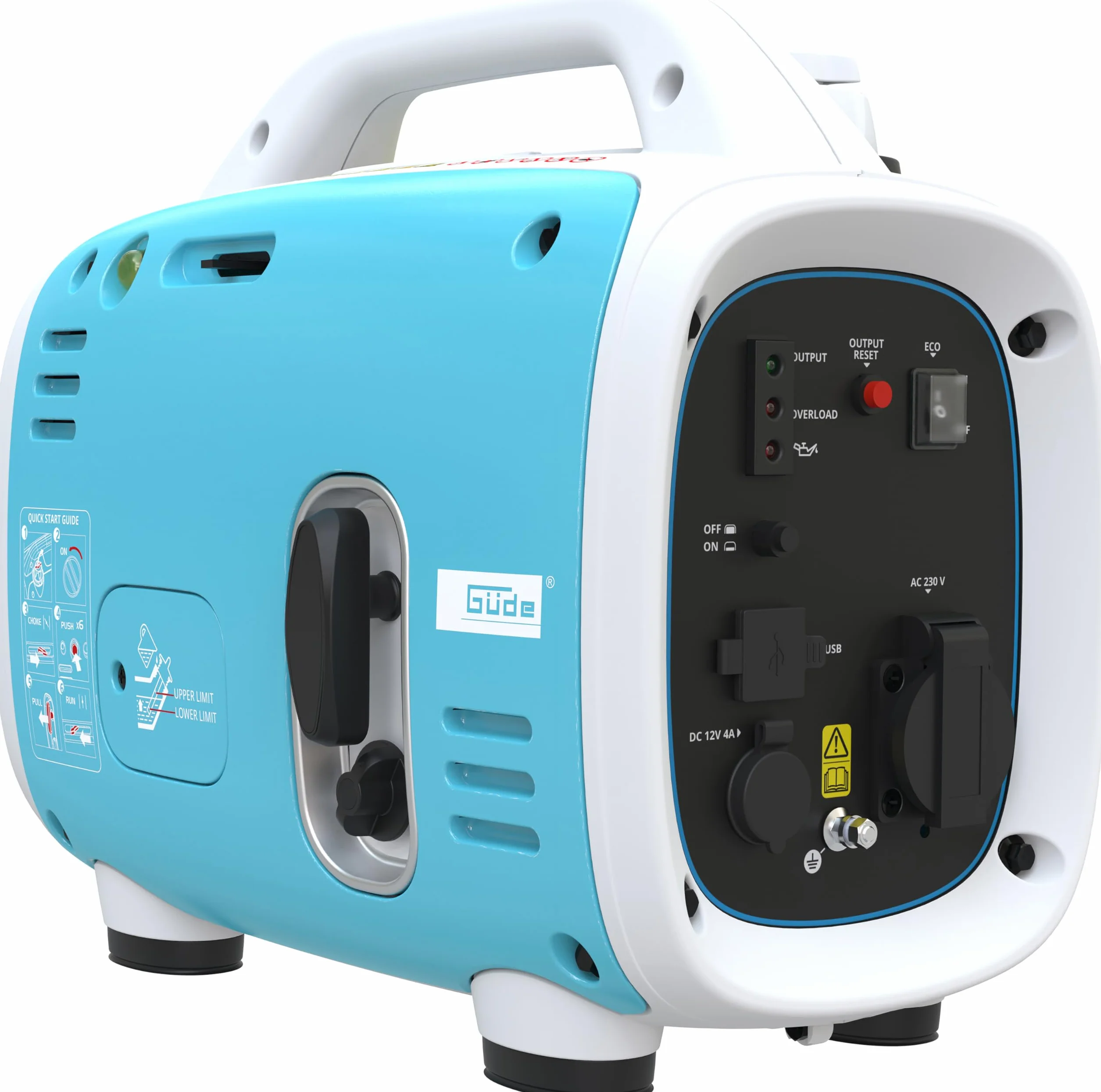 Güde Inverter Stromerzeuger ISG 800-1 (4-Takt Motor, Benzin, 0,9/1,2 (kW/PS), 1x 230V, 1x 12 V, 2x USB, max. 800 W, Laufzeit 6,3 h, Tank 2,1 l, Überlastungsschutz, Re-Start Knopf, Gewicht 10,1 kg)