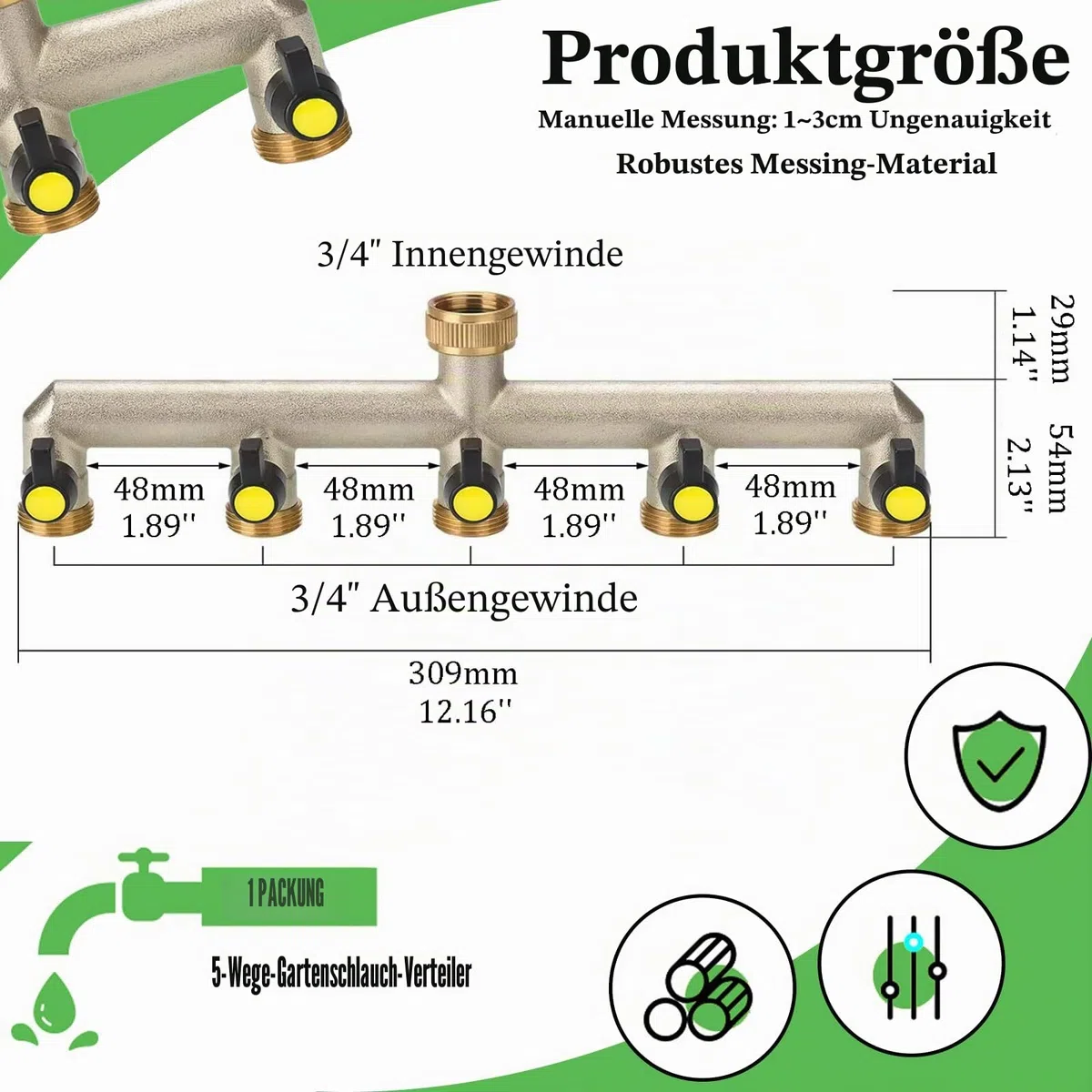 5-Wege-Verteiler für 3/4 Zoll Messing, Schlauchverteiler mit Kugelhahn zum Einstellen und Absperren des Wasserflusses
