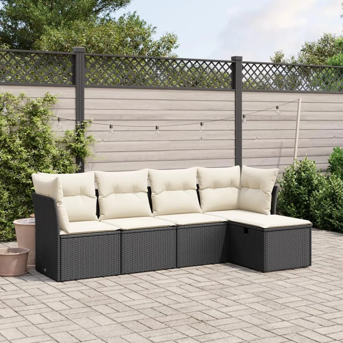 IKAYAA 5-TLG Rattan Balkonlounge Gartenlounge Set Gartenmöbel Klein Sofagarnitur Balkon Loungemöbel Rattan Ecklounge Gartensofa Balkon Sofa mit Kissen Schwarz und Creme