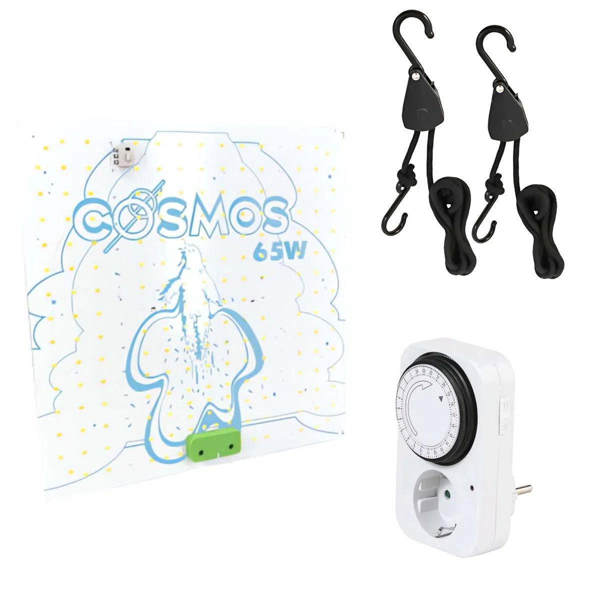 Weedness Cosmos LED Pflanzenlampe 65 Watt Vollspektrum 2,5 μmol/J Set mit Zeitschaltuhr und Lighthanger für Indoor Outdoor Grow Anbau Anzucht Blütephase Wuchsphase