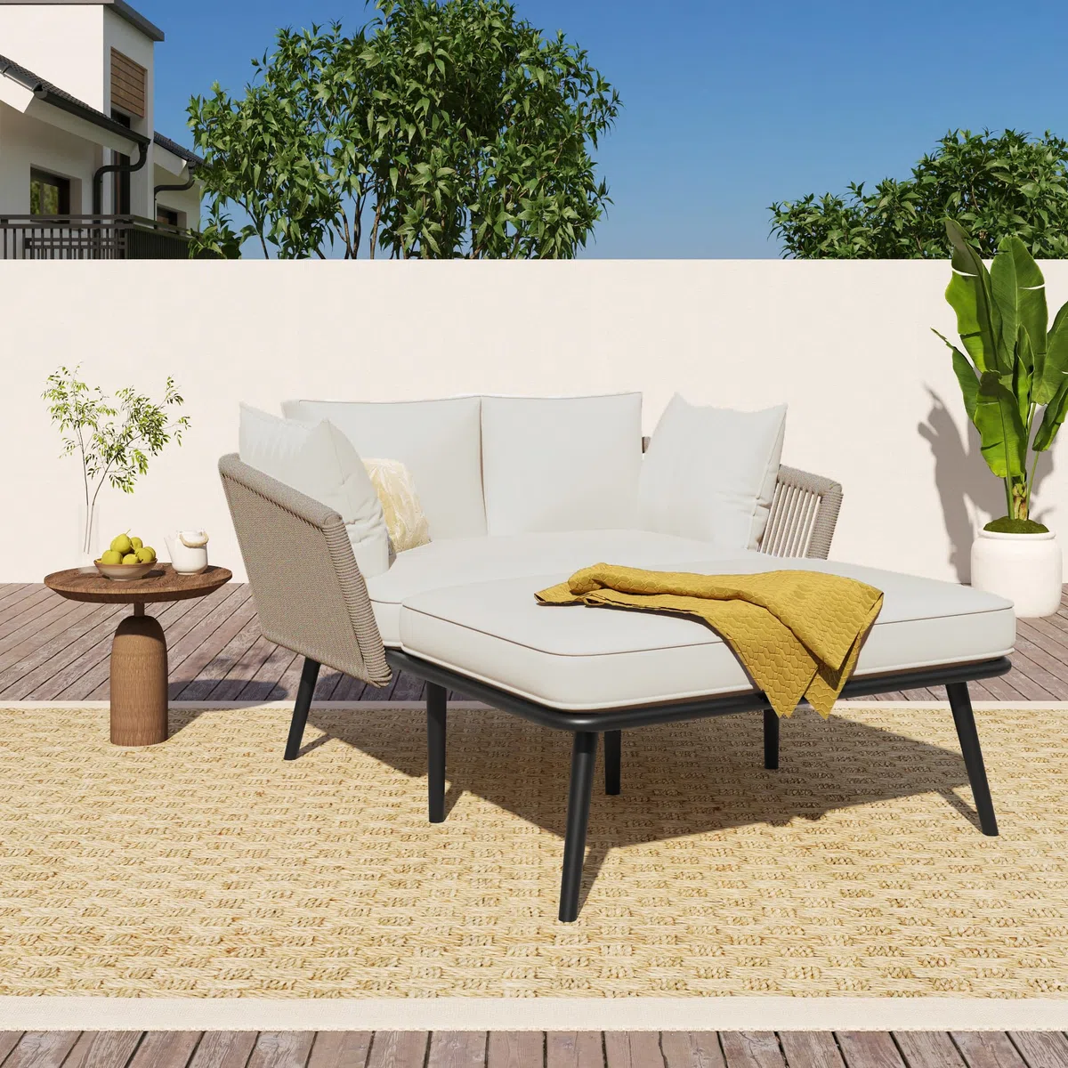 Gartensofa mit 2 Kissen und 2 Polster, Sonnenliege im Außenbereich, Gartenlounge, Balkonmöbel-Set, Loungemöbel, Terrassenmöbel,Kissen sind abnehmbar und waschbar (Khaki, 130x120x67CM)