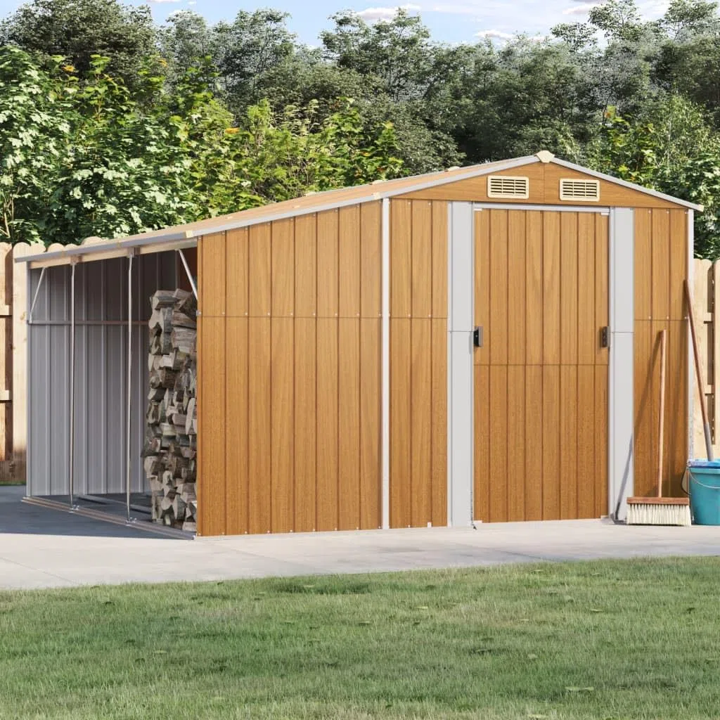 Metall-Geräteschuppen für Gartenlagerung – verzinkter Stahl, schräges Dach, Holz- und Kohlebunker, Hellbraun, 277 x 279 x 179 cm, Outdoor-Ausrüstung
