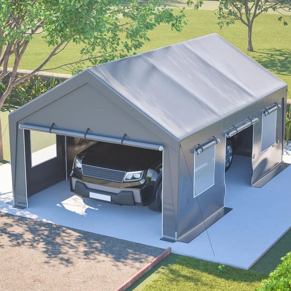Altwetter-Tent-Garage Mit Wasserdichter Seitenwandabdeckung, Aufrollbaren Fenstertüren, UV-Schutz Für Auto, Gartenlagerung, Mit Fenstern