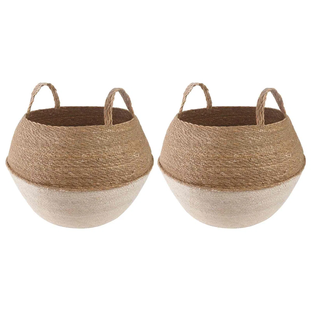 2er Set Pflanzenkübel mit Griffen Weiß Ø 45 x 36 cm aus 100% Seegras, Großer Geflochtener Übertopf für Zimmerpflanzen und Garten, Zylindrischer Seegras-Korb für Deko