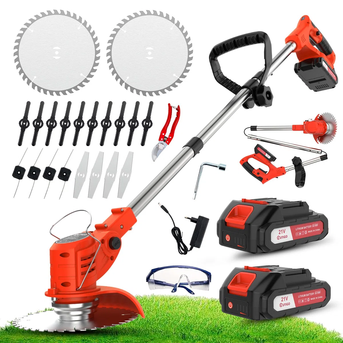 OUTIGO Akku-Rasentrimmer mit 2 * 21V Akku, 4 Messer, dreifach klappbarer Mäher, Rasenmäher, Akku-Gartenmäher für Rasen, Sträucher und Büsche. (Orange-FBA)