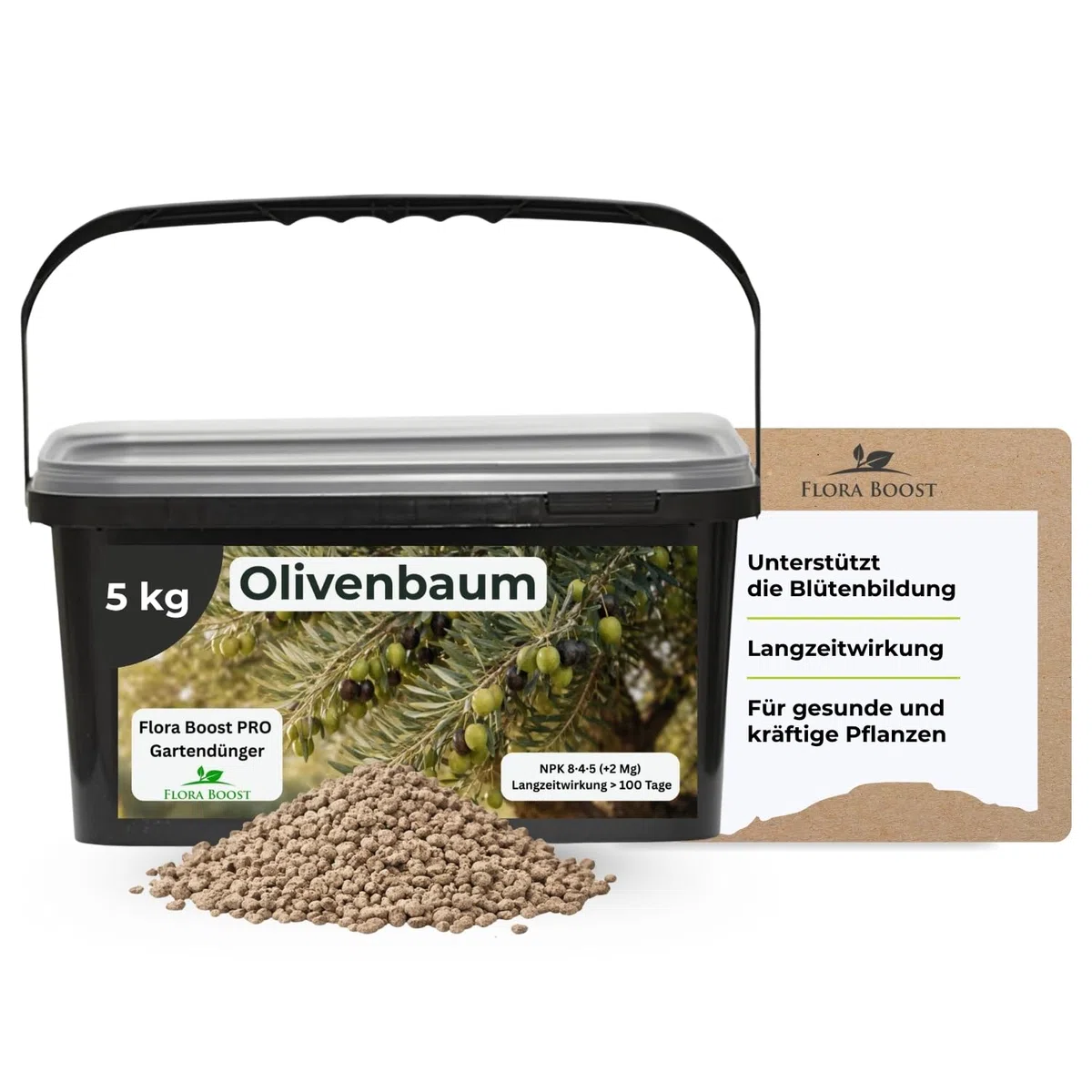 Flora Boost PRO Olivenbaum Dünger 5 kg I Langzeitdünger NPK 8-4-5 für Olivenbäume I Granulat für kräftiges Wachstum, gesunde Blätter & aromatische Oliven