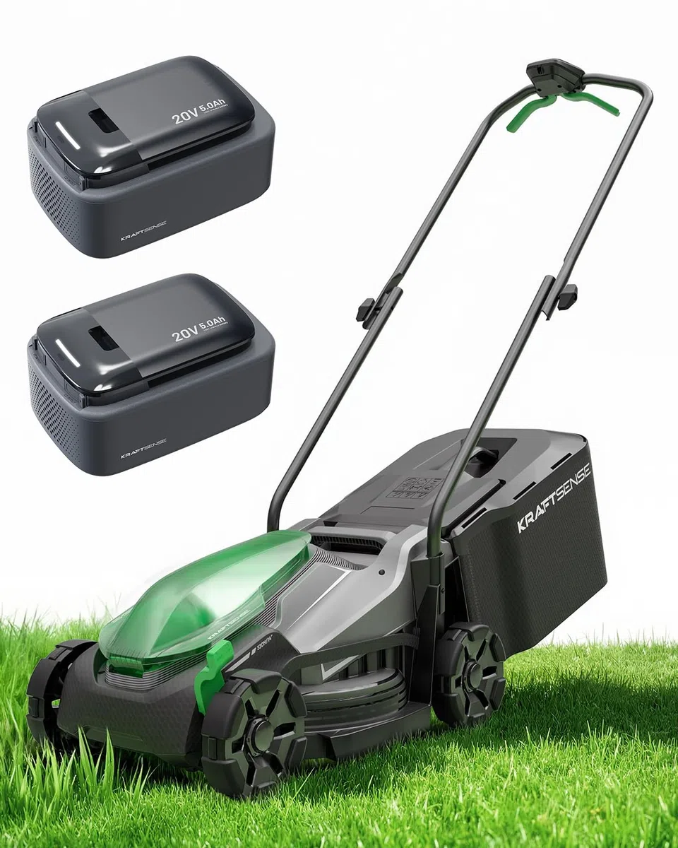 Akku-Rasenmäher für kleine Gärten, 33 cm Arbeitsbreite, bürstenloser Antrieb, 2-in-1 Mulchen & Fangen, mit 2×5,0 Ah Akkus für bis zu 400 m² pro Ladung, inkl. Typ-C-Ladekabel