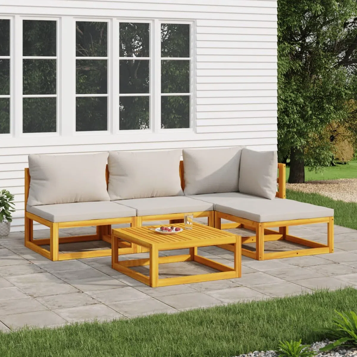 5-TLG. Garten-Lounge-Set mit Hellgrauen Kissen Massivholz, Lounge Gartenmöbel Set, Terassenmöbel Wetterfest, Loungemöbel Terrasse, Gartenlounge, Garten Loungemöbel Set, 3155278