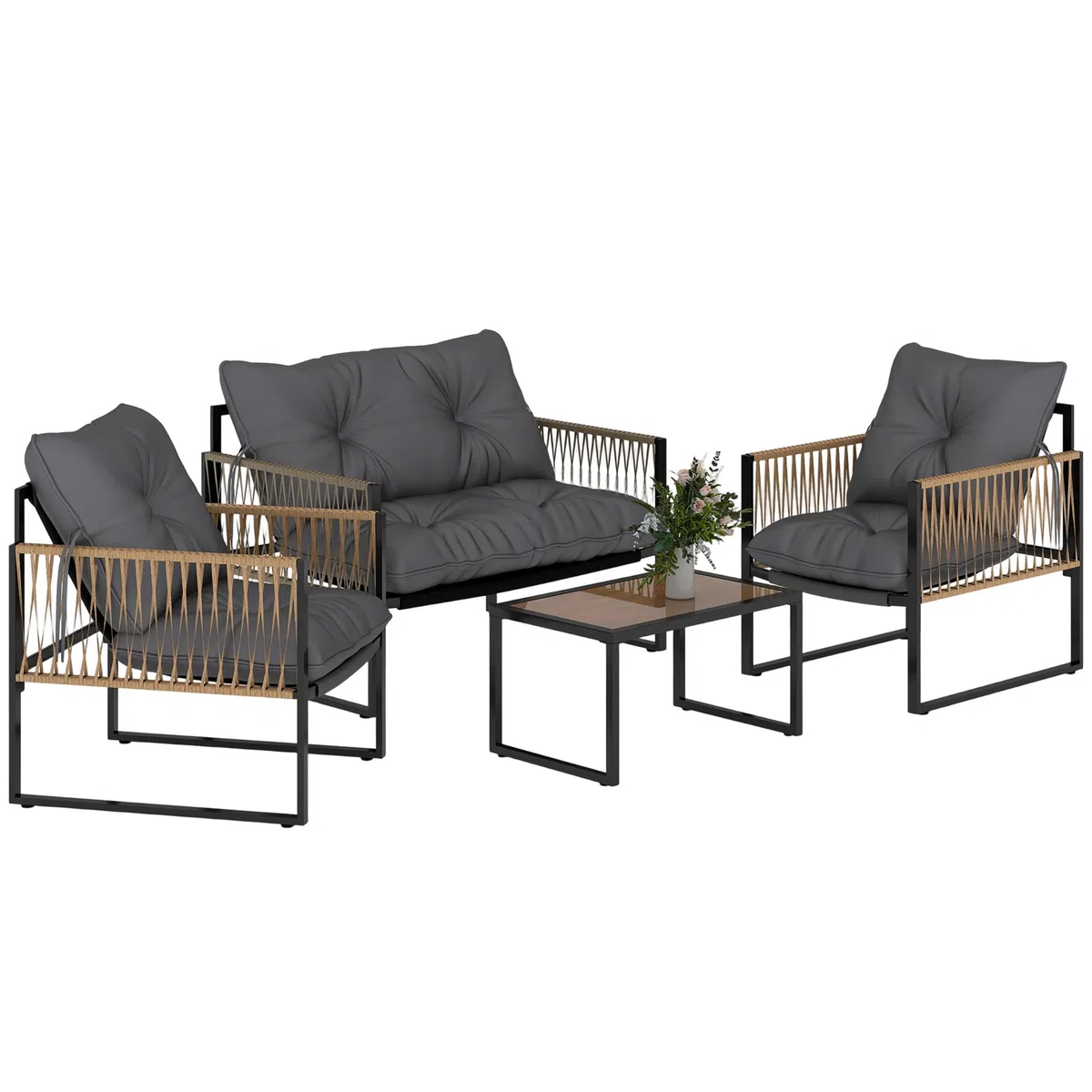 Outsunny 4 TLG. Rattan Gartenmöbel-Set, Sitzgruppe mit Kissen, Gartengarnitur mit 1 Couchtisch aus Glas, 2 Sesseln, 1 Doppelsofa, Sitzgarnitur für Garten, Terrasse, Stahl, Braun