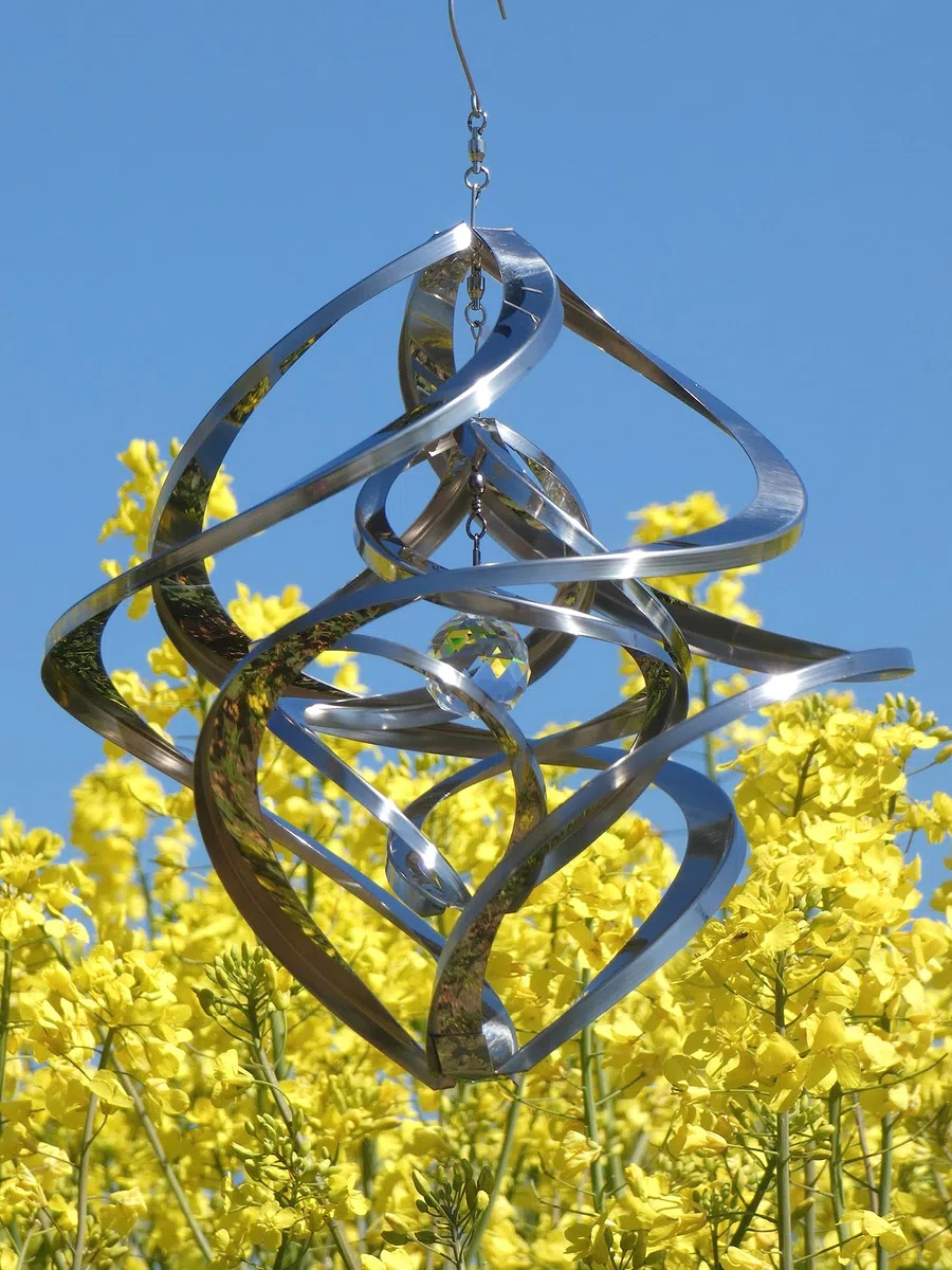 Pommerntraum ®| Edelstahlwindspiel Winddancer Gartenkunst Kristall Rostfrei | Windspiel Edelstahl Double-Twister Twister Unruhe Gartendekoration Hängewindspiel Hurrikan kinetisch (30 cm mit Kristall XL)