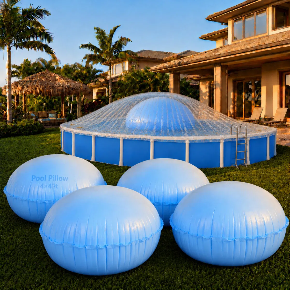 Hungdao Pool-Kissen für oberirdische Pools, 4 Stück, 1,2 x 1,2 m, Ballon-Überwinterung, aufblasbar, rund, Pool-Luftkissen, Schwimmzubehör, für den Außenbereich, Eis-Equalizer-Unterstützung