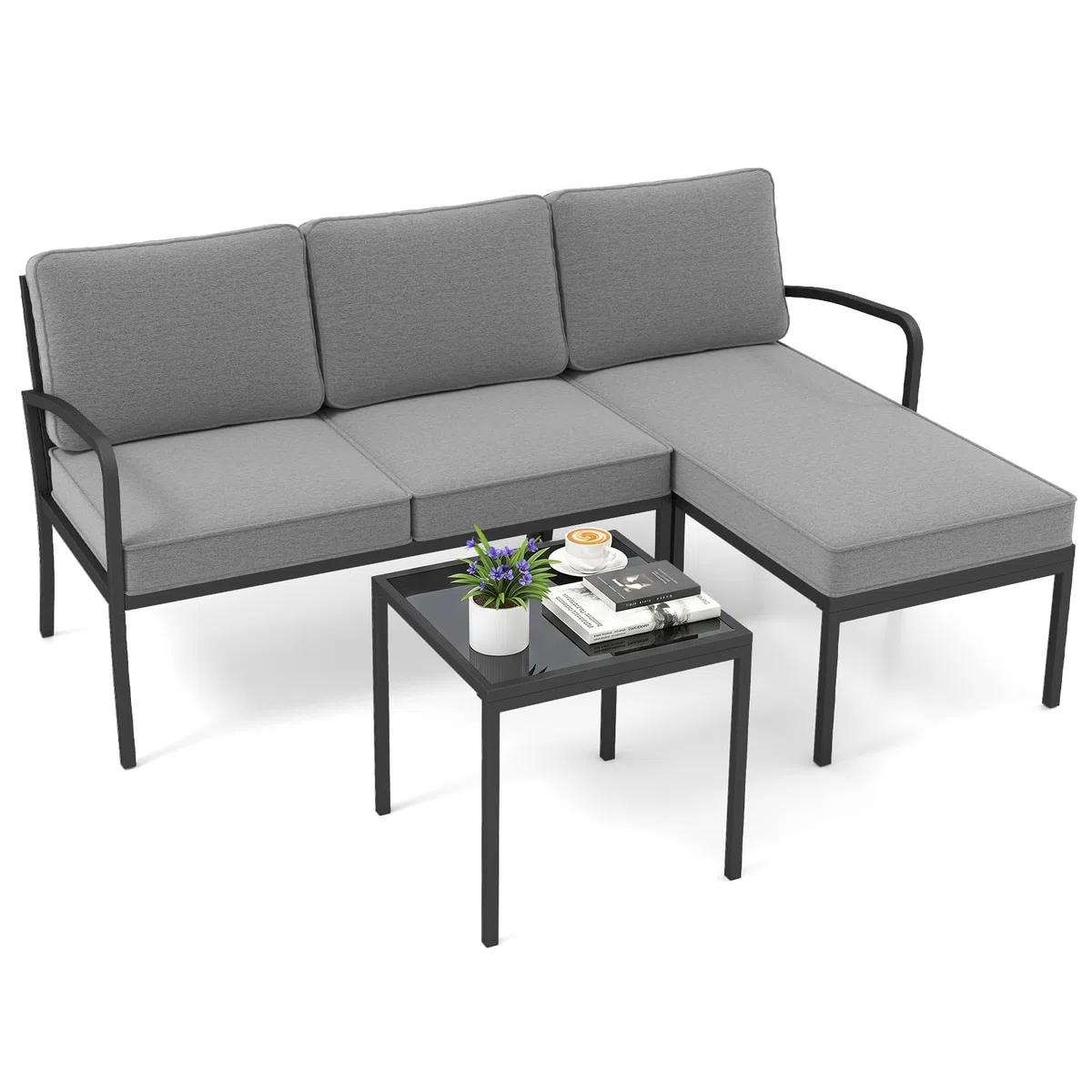COSTWAY Gartenlounge 3-teilig, Gartenmöbel Set, Outdoor Lounge mit Tisch und Kissen, Terrassenmöbel, Sitzgarnitur, Sitzgruppe für Garten, Terrasse, Balkon