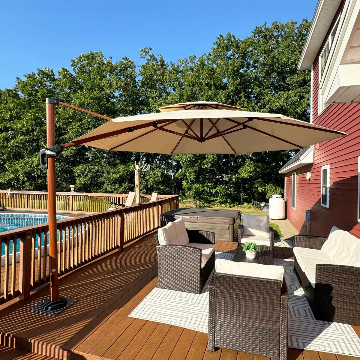 PURPLE LEAF Sonnenschirm 365 cm Holzoptik Doppeldach Alu 360° Drehbar Beige | Leichtes Öffnen & Schließen mit Kurbel, 6-fach Verstellbar, Einfache Bedienung, Stabiler Standrohr, mehr Windstabilität, Rund