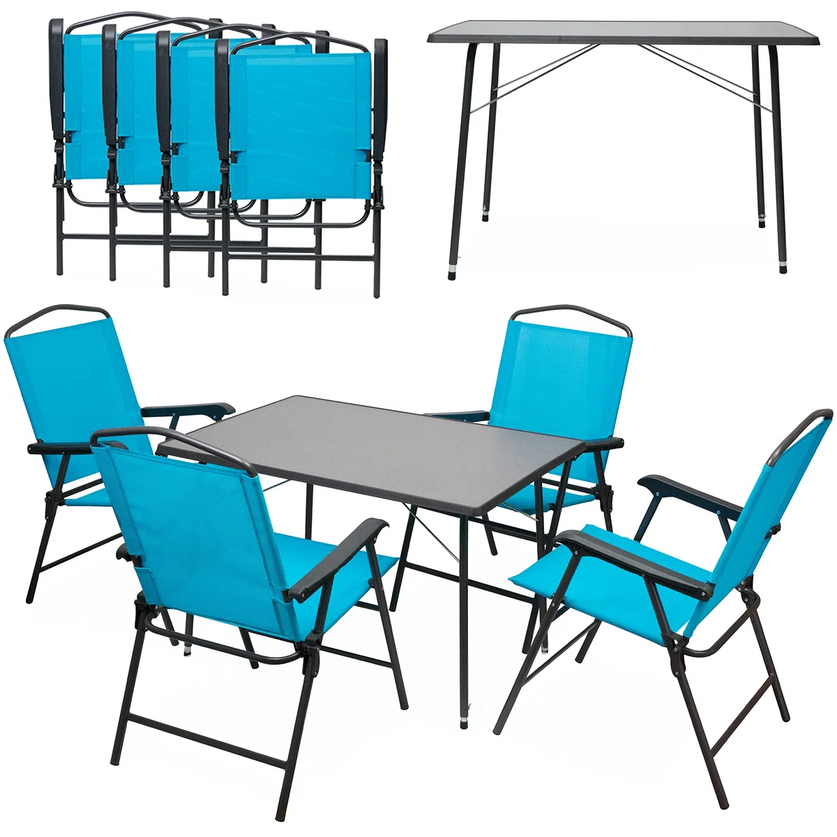CampAir Campingmöbel-Set 4 Personen Caravan 5-teilige Campinggarnitur, Höhenverstellbarer Campingtisch mit 4 Klappstühlen | Sevelit-Tisch 100x68x65-80 cm, Made in Germany, 25 kg Traglast, Stühle aus Stahl bis 110 kg belastbar, Campingmöbel-Set