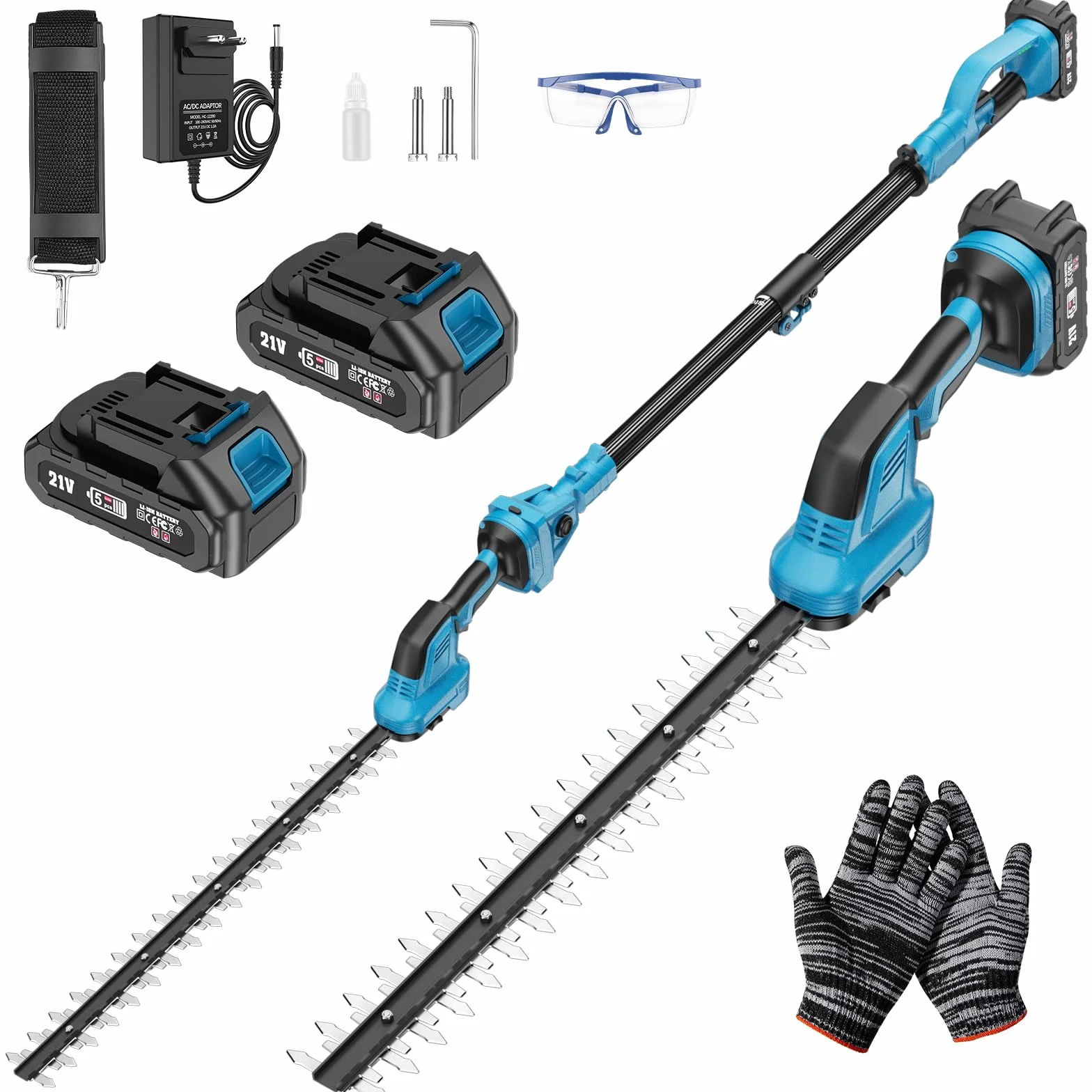 Heckenschere Akku Teleskop 2 IN 1, Multifunktionswerkzeug 2,65 M mit 2 x 4000mAh Akkus 550W Motor, Schultergurt, Schutzbrille und Handschuhen zum Beschneiden von Bäumen im Garten oder auf der Terrasse