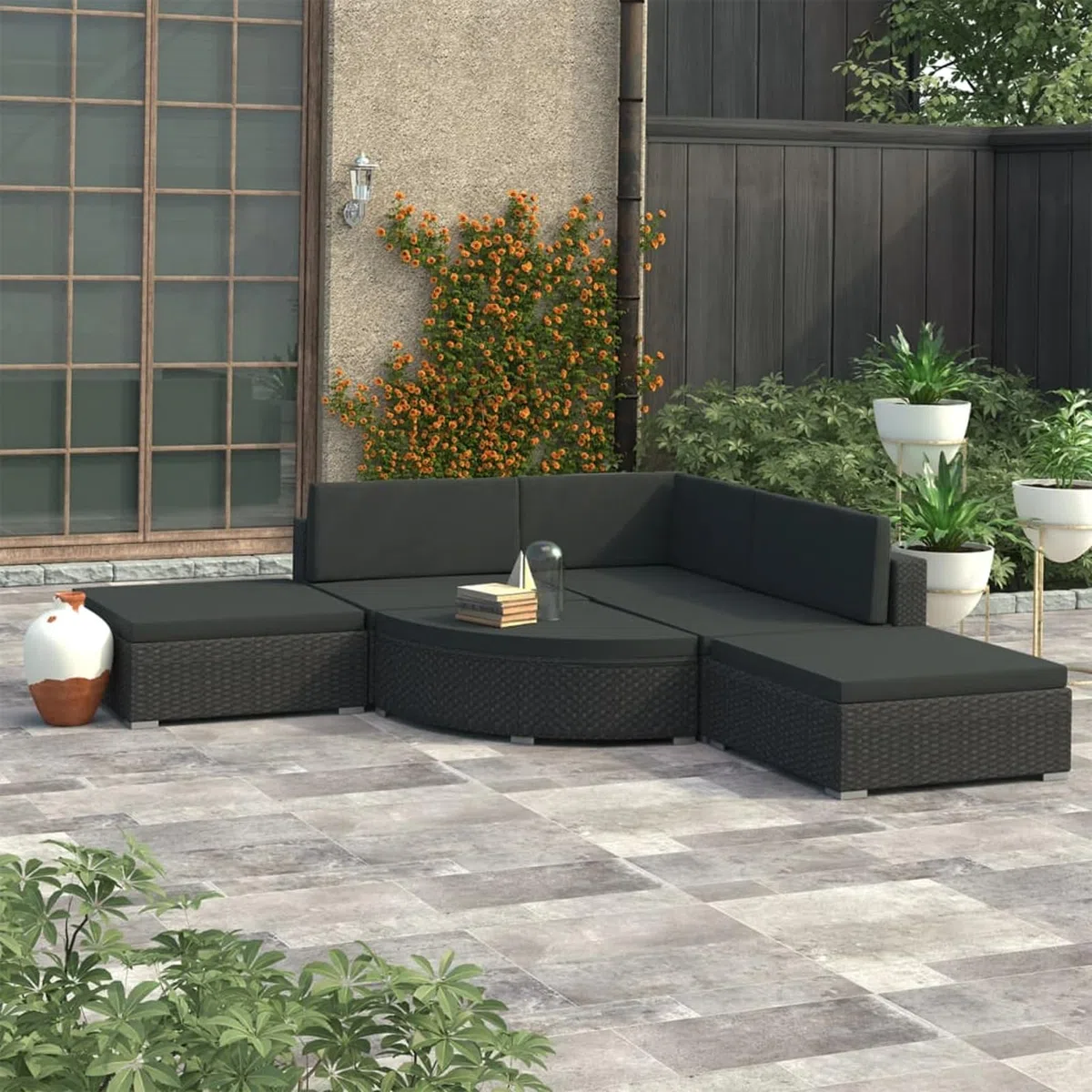 6-TLG. Garten-Lounge-Set mit Auflagen, Lounge Gartenmöbel Set, Terassenmöbel Wetterfest, Loungemöbel Terrasse, Garten Loungemöbel Set, Gartenlounge, Balkonmöbel, Poly Rattan Schwarz -at