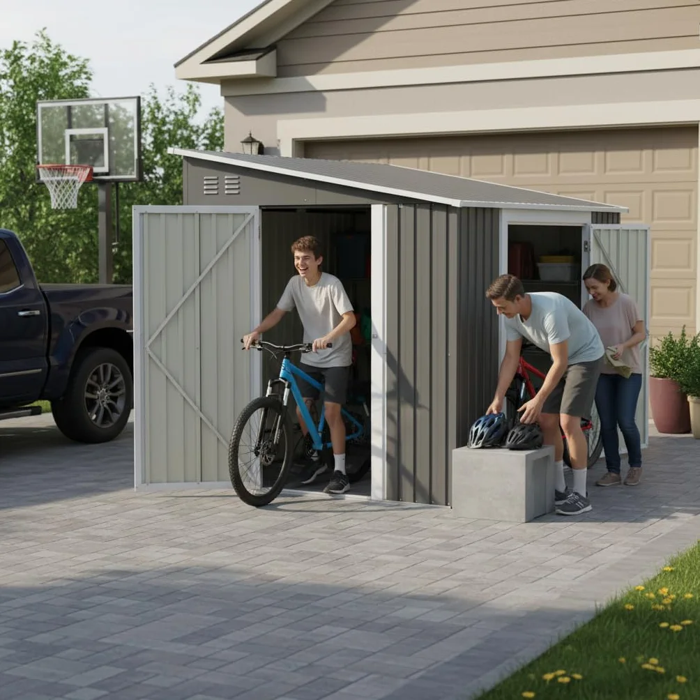 Metall Geräteschuppen 6x8 Fuß (1,8x2,4 m) mit Doppeltüren & Boden-Kit – Wetterfester Gartenhaus als Fahrradgarage und Gerätehaus für Rasenmäher, Motorrad, Gartengeräte und Garten