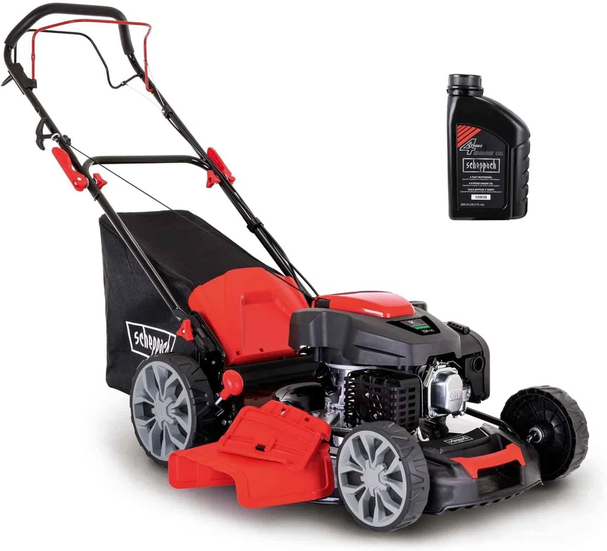 Scheppach Benzin Rasenmäher Mulchmäher MS225-56 inkl. Motoröl | Radantrieb | 4Takt Motor mit 6PS | 56cm XXL-Schnittbreite | 65L Fangbox | Höhenverstellung 7 Stufen | Seitenauswurf & Reinigungsfunktion