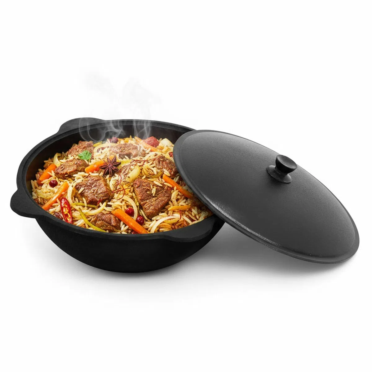 4BIG.fun Kazan aus Gusseisen 10 L mit Aluminium Deckel Usbek Schwenktopf NAMANGAN Uzbekisch Asia WOK Gusseisentopf Grillwok