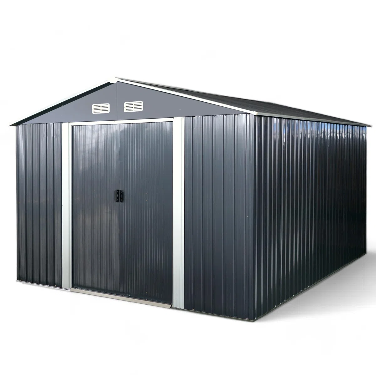 ALEOS. Gerätehaus Geräteschuppen 11m² 367x301x214 cm aus verzinktem Stahlblech Metall mit Doppelschiebetür Türhöhe 170cm Schuppen Gartenhaus