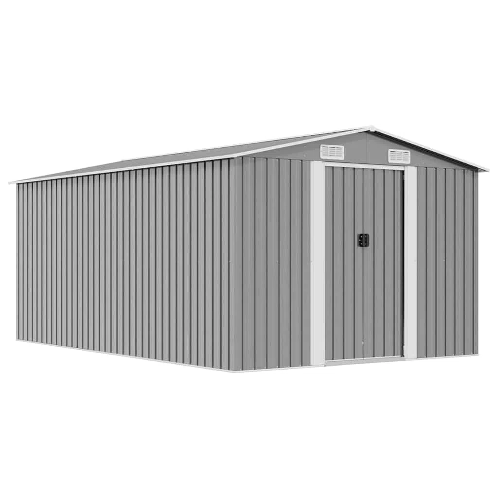Metall Gerätehaus 257x392x181 cm für den Garten - Wetterfester Lagerschuppen mit Schiebetüren und Belüftungsgitter Grau