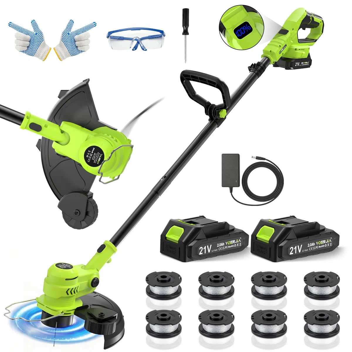 VOERJIA Akku Rasentrimmer 21V, 2-in-1 Rasentrimmer & Kantenschneider, LCD Akkuanzeige, 2×2000mAh Akku, Automatische Fadennachführung, 8 Fadenspulen, für Rasen, Rasenkanten & Gartenwege