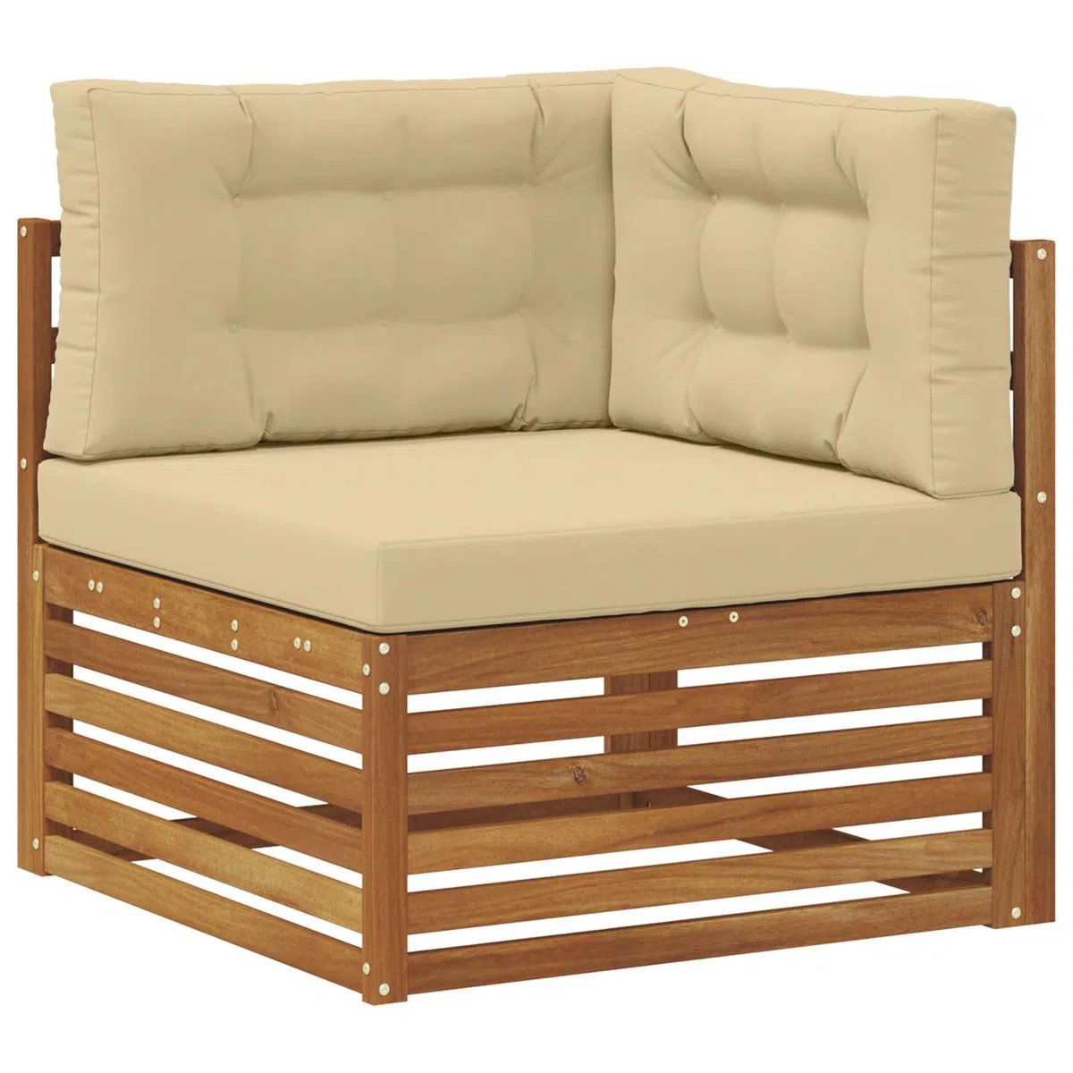Outdoor Ecksofa aus massivem Akazienholz, Modulares Gartensofa Loungemöbel für Terrasse und Balkon, Inklusive Beige Sitz- und Rückenkissen, Natur, 83 x 83 x 73 cm