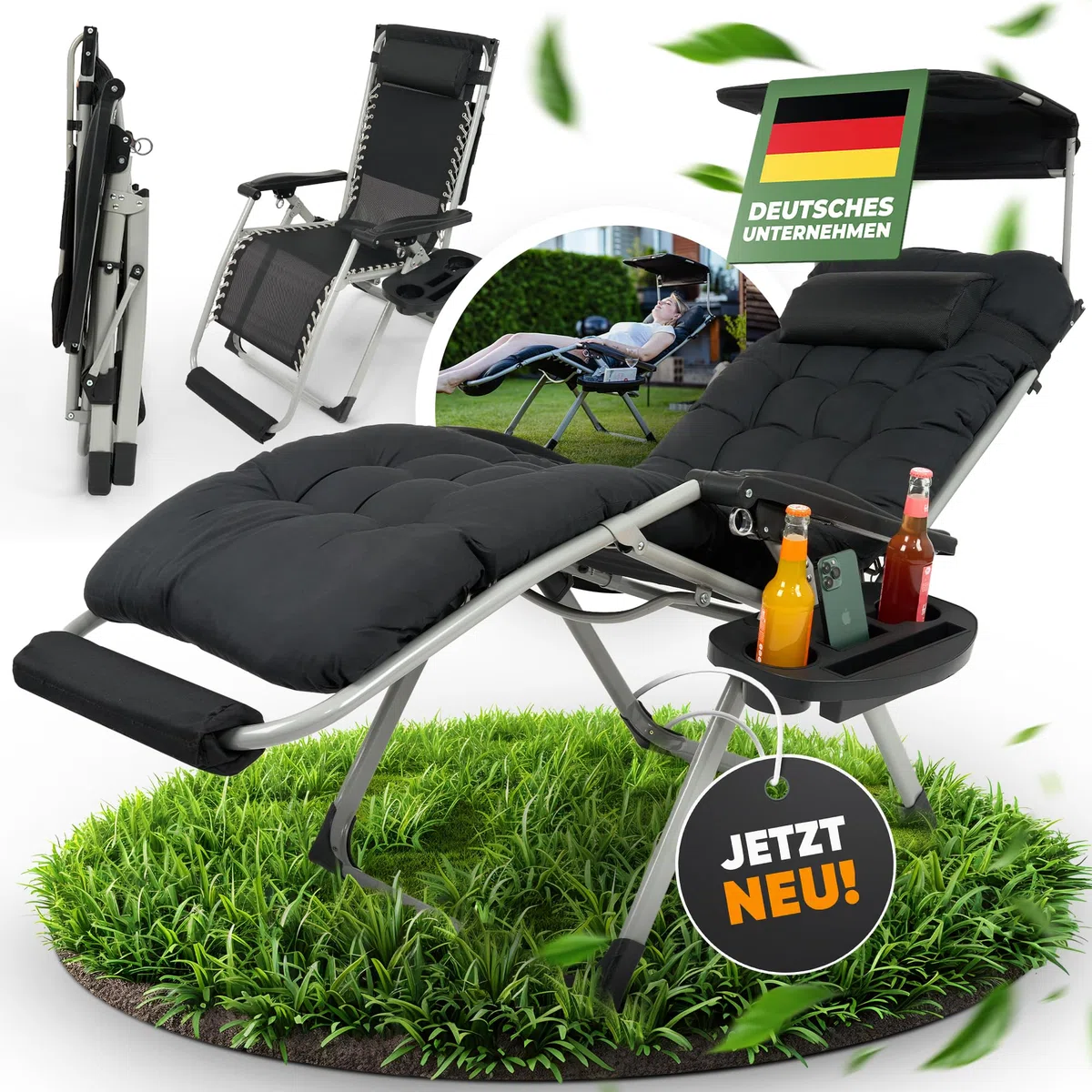 NatureLiving® Sonnenliege Liegestuhl klappbar- Robust, Faltbar & Wetterfest - Gartenliege mit Sonnendach für Garten und Balkon, Klappliege, Balkonliege, Outdoor Liege, Relaxliege, Belastbar 200kg