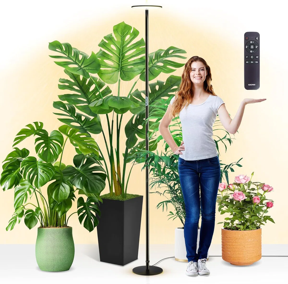 chiphy LED Pflanzenlampe, 216 cm, 40W Vollspektrum, Timer-Funktion, 10 Helligkeitsstufen, Höhenverstellbar, Schwarz, ideal für große hohe Pflanzen