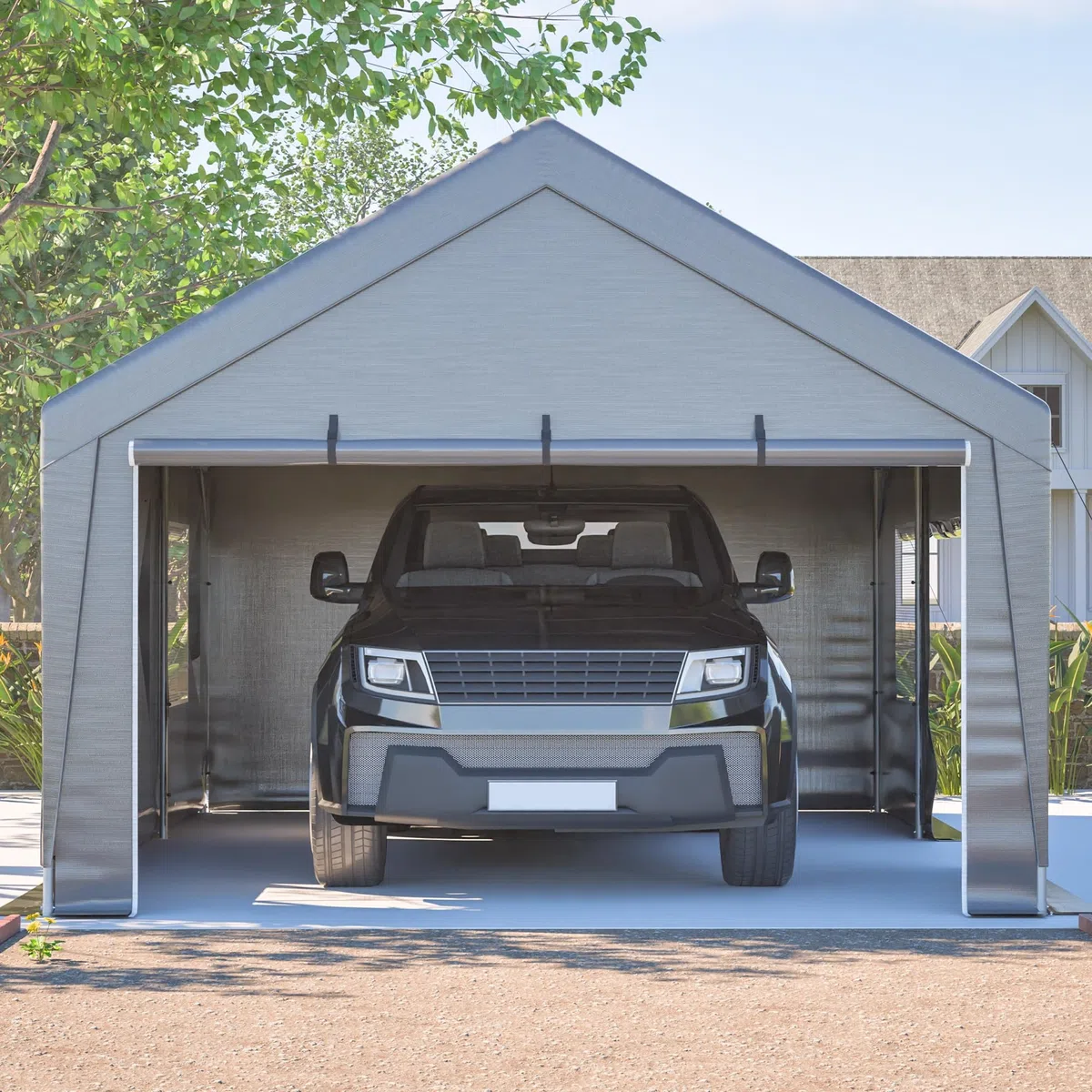 Zeltgarage für Auto, Weidezelt Überdachung, Motorrad Garage150Bx396Tx300Hcm | Zeltgarage Garten, mit Wasserdichter Seitenwandabdeckung, Aufrollbaren Fenstertüren, UV Schutz für Auto, Gartenlagerung