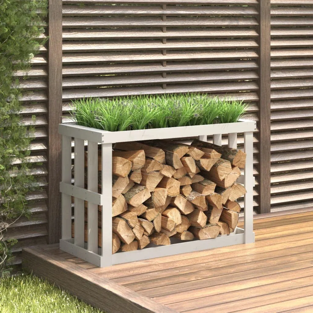 Outdoor-Kaminholzregal Weiß aus massivem Kiefernholz 108x52x74 cm mit Pflanzgefäß, stabiler Holzstapelhalter für Brennholzaufbewahrung und Gartenlagerung, vielseitiger Kaminholzständer