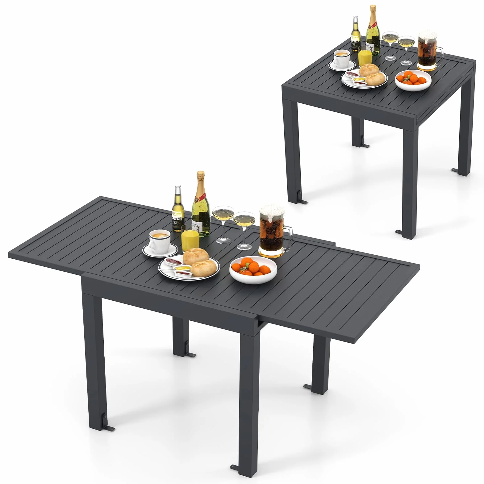 COSTWAY Gartentisch Aluminium ausziehbar, 80/160x80cm, Esstisch wetterfest, rechteckiger Terrassentisch mit Lattentischplatte für 4-6 Personen, Ausziehtisch für Garten, Terrasse