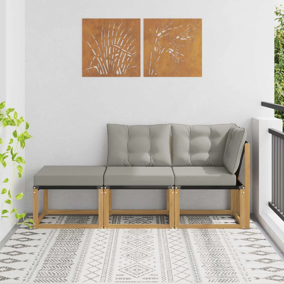 Sectional Sofa Einheiten mit Kissen 3 Stück Weiß, wetterfestes Gartensofa aus massivem Akazienholz mit Polster-Sitzkissen, modular erweiterbares Loungemöbel für Terrasse Balkon Außenbereich