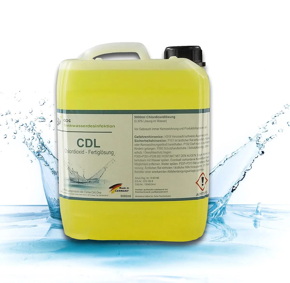 Chlordioxid Lösung 0,3% 3000ppm – 5 Liter Cios Cdl/CDs Fertiglösung mit Pipette – Trinkwasserdesinfektion – Made in Germany