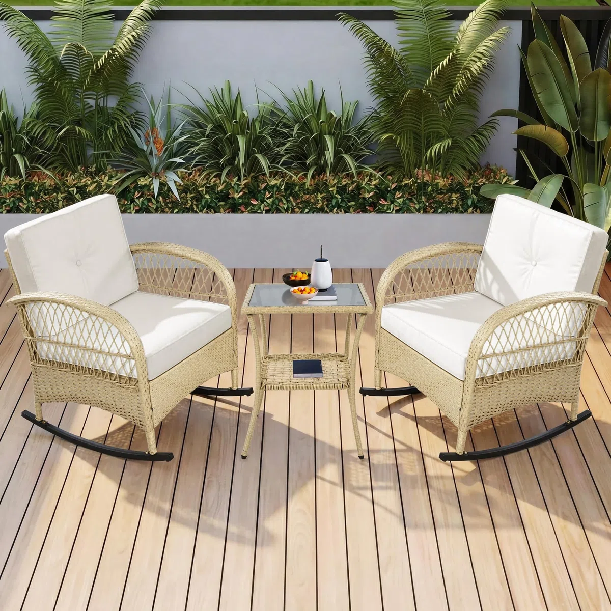 Merax Rattan Balkonmöbel 3-teilig Set– 2 Schaukelstühle mit Beistelltisch,Beige Kissen,Wetterfestes Polyrattan,Stabiler Metallrahmen,bis 160 kg Belastbar, Gartenmöbel Loungemöbel für Balkon Terrasse