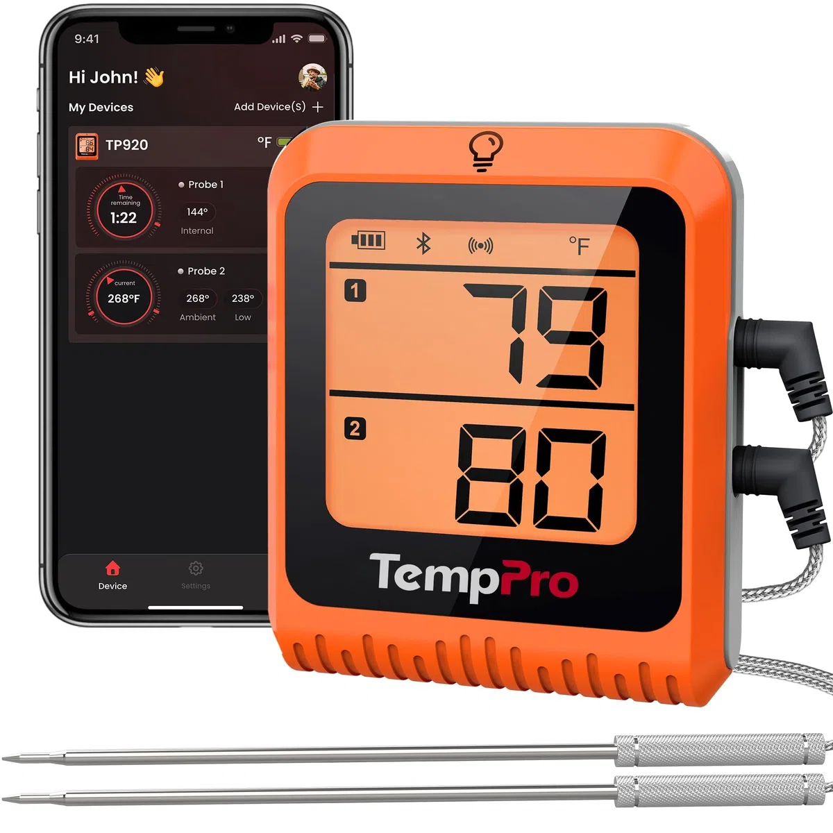 ThermoPro TP25H2 Bluetooth 5.0 Grillthermometer Wiederaufladbares Fleischthermometer mit APP 150m | Kabelloses Fleischthermometer Digital zum Kochen Truthahn, wiederaufladbarer Smoker Zubehör für BBQ-Ofen (zuvor ThermoPro)