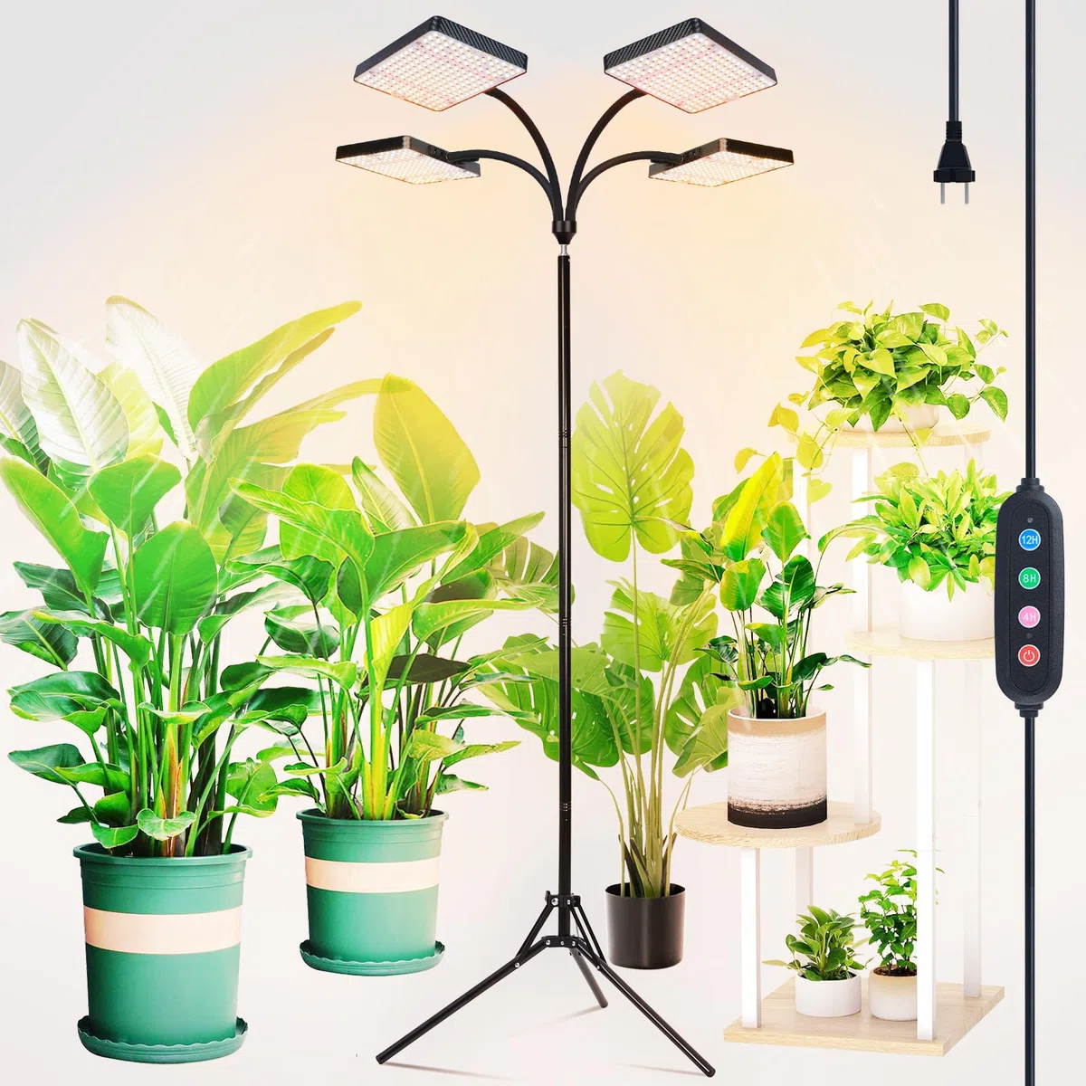 EU-Eurostecker 4Kopf Pflanzenlampe LED mit Aktualisieren Ständer & Zeitschaltuhr(4/8/12/16/20H), 100 Watt Vollspektrum Grow Lampe, 30CM-200CM Höhenverstellbare Pflanzenlicht für Groß Zimmerpflanzen