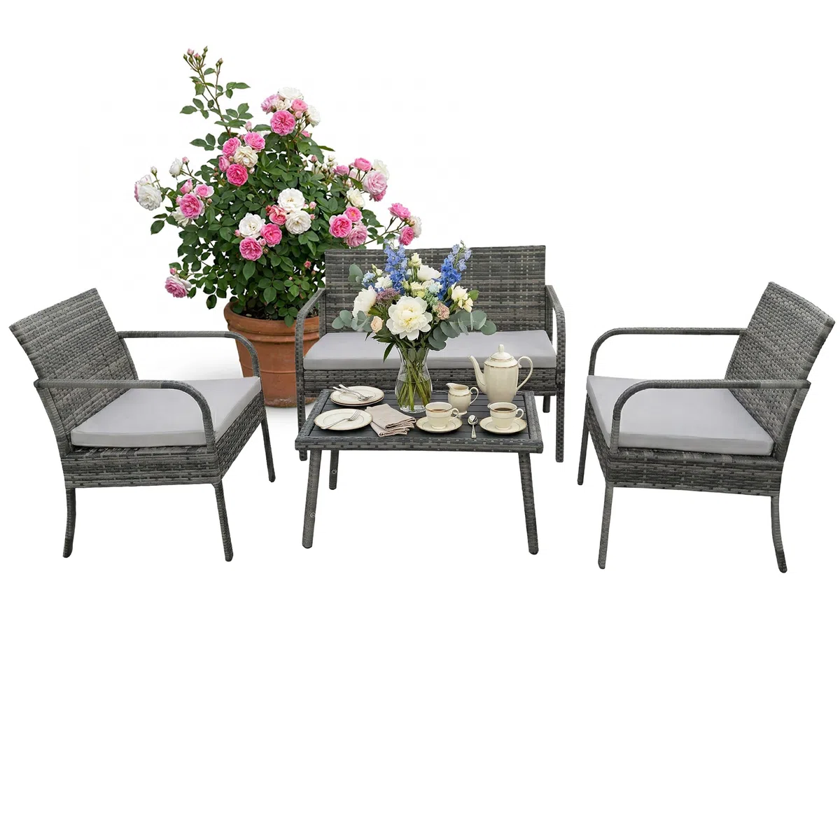 Relaxdays Gartenmöbel Set, 4-TLG. Rattan Sitzgruppe, 4 Personen, Bank, 2 Stühle & Tisch, Loungemöbel, Outdoor, grau