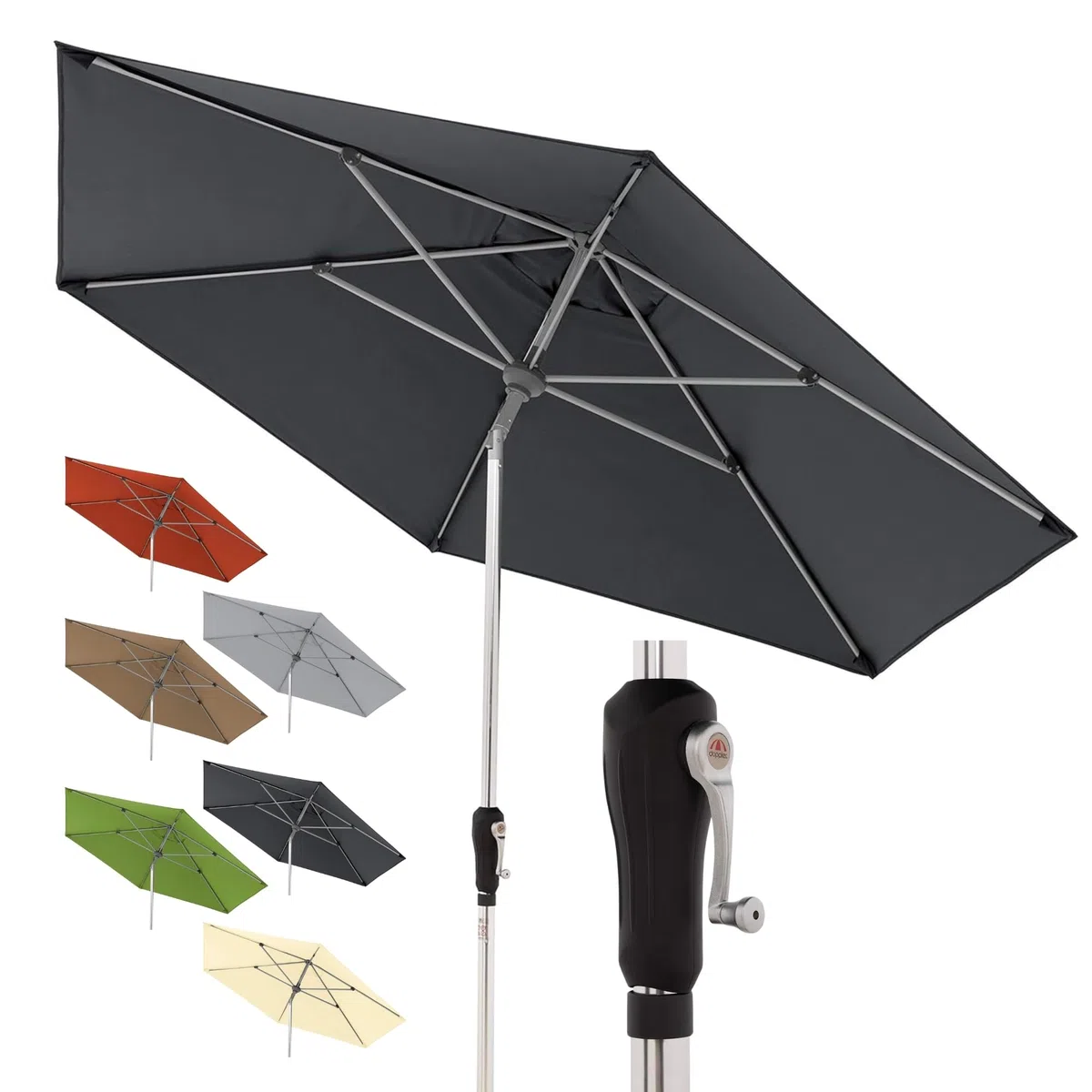 Doppler Sonnenschirm Alu Crank Ø 275 cm, Anthrazit, Kurbel, UV-Schutz 80+ | Runder Gartenschirm, Polyester, Aluminium-Gestell, Auto Tilt – automatisches Neigen per Kurbel