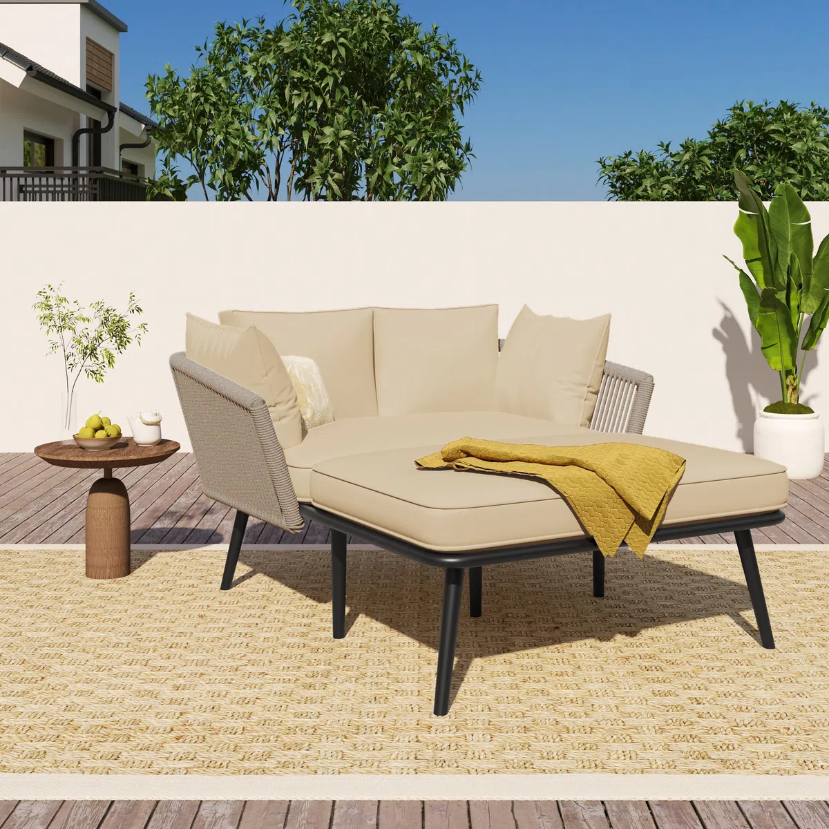 Merax Gartensofa 2-Sitzer, Outdoor Sofa, mit 2 Kissen und 2 Polster, Sonnenliege im Außenbereich, Gartenlounge, Balkonmöbel-Set, Loungemöbel, Terrassenmöbel, Khaki