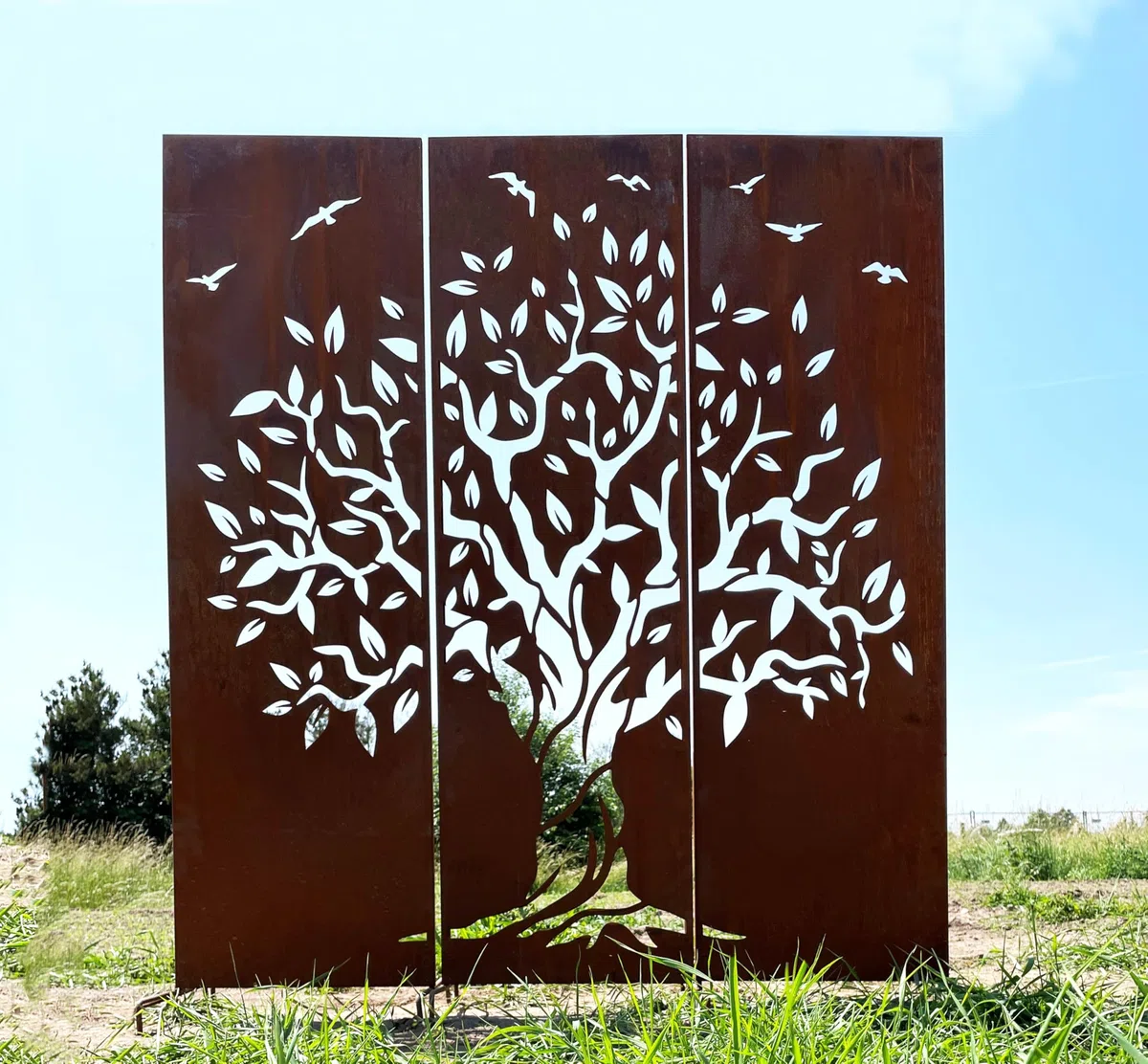 STEINFIGURENWELT GIEBEN Edelrost 3er Set Sichtschutz Baum Motiv 165 cm x 150 cm Paravent zum Stecken Schild Gartenschild Gartenstecker Edelrost Gartendeko Wetterfest Rost Metall Zaun
