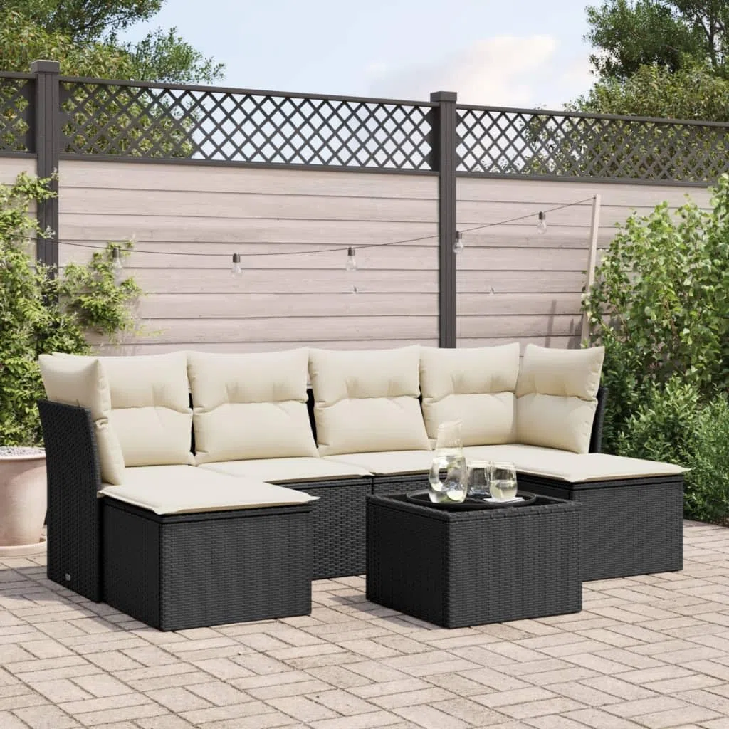 IKAYAA 7-TLG Rattan Gartenmöbel Set Balkon Lounge Ecklounge Ecksofa Outdoor Loungemöbel Rattan Sitzlounge Balkon Gartensofa Balkonsofa Schwarz und Creme Type-17