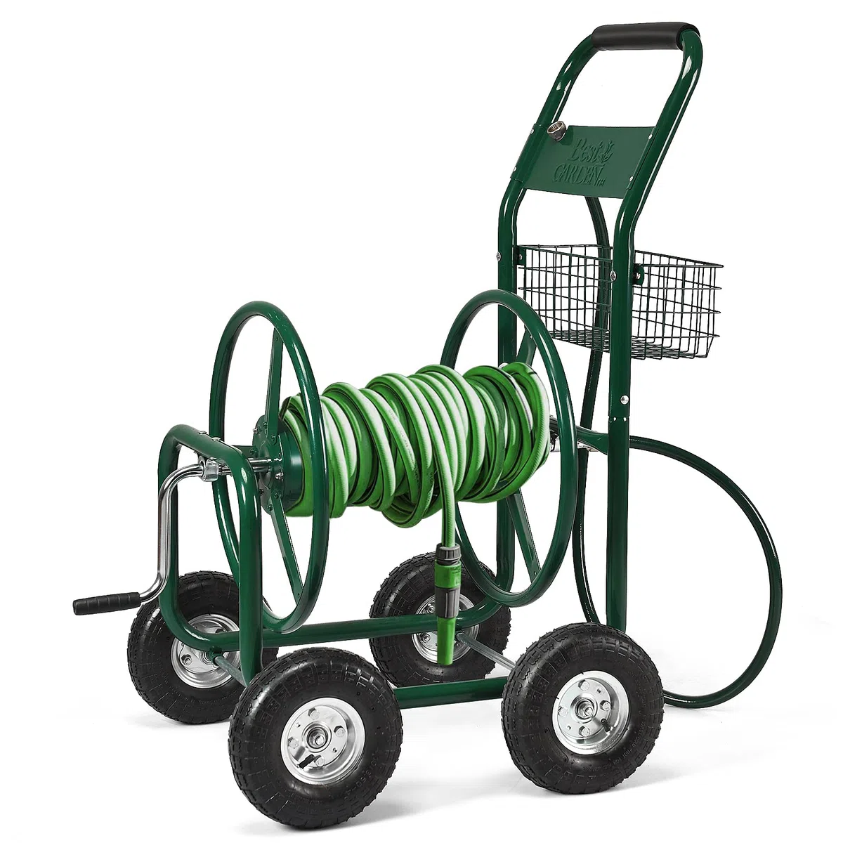 DREAMADE Schlauchwagen Metall, Gartenschlauchwagen 80m, Schlauchaufroller mit Korb, Gartenbewässerung Schlauchabroller, Grün