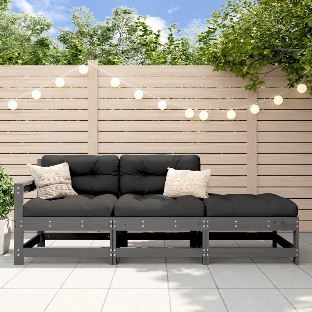 LAPOOH 3-TLG. Garten-Lounge-Set mit Kissen Grau Massivholz, Lounge Gartenmöbel Set, Terassenmöbel Wetterfest, Loungemöbel Terrasse, Gartenlounge, Garten Loungemöbel Set, 825599