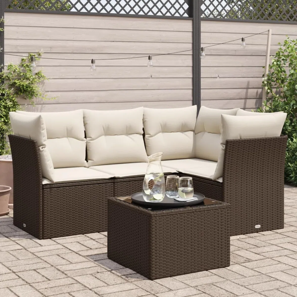 LAPOOH 5-TLG. Garten-Sofagarnitur mit Kissen Braun Poly Rattan, Balkonmöbel Set, Gartenmöbel Set, Gartenlounge Set, Terassenmöbel, Loungemöbel Terrasse - 3217593