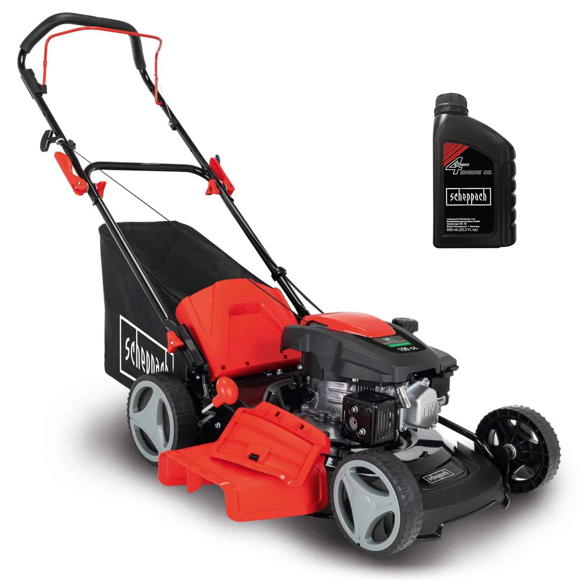 Scheppach MP150-46 Benzin Rasenmäher - 46cm Schnittbreite | 3,5 PS | 7-fache Schnitthöhenverstellung | 55 Liter Fangkorb | Seitenauswurf | Mulchfunktion | Reinigungsfunktion | mit Motoröl