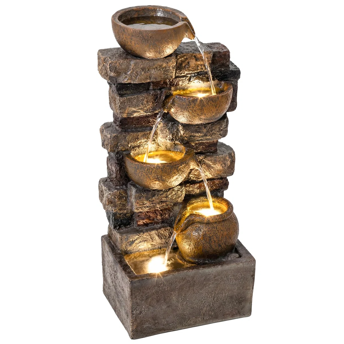 Outsunny Springbrunnen 5-Stufig mit LED Beleuchtung 31 x 25,5 x 72 cm | Gartenbrunnen, Steinoptik, Verstellbare Pumpe, Zimmerbrunnen, Wasserspiel, Terrassenbrunnen, für Garten Rasen